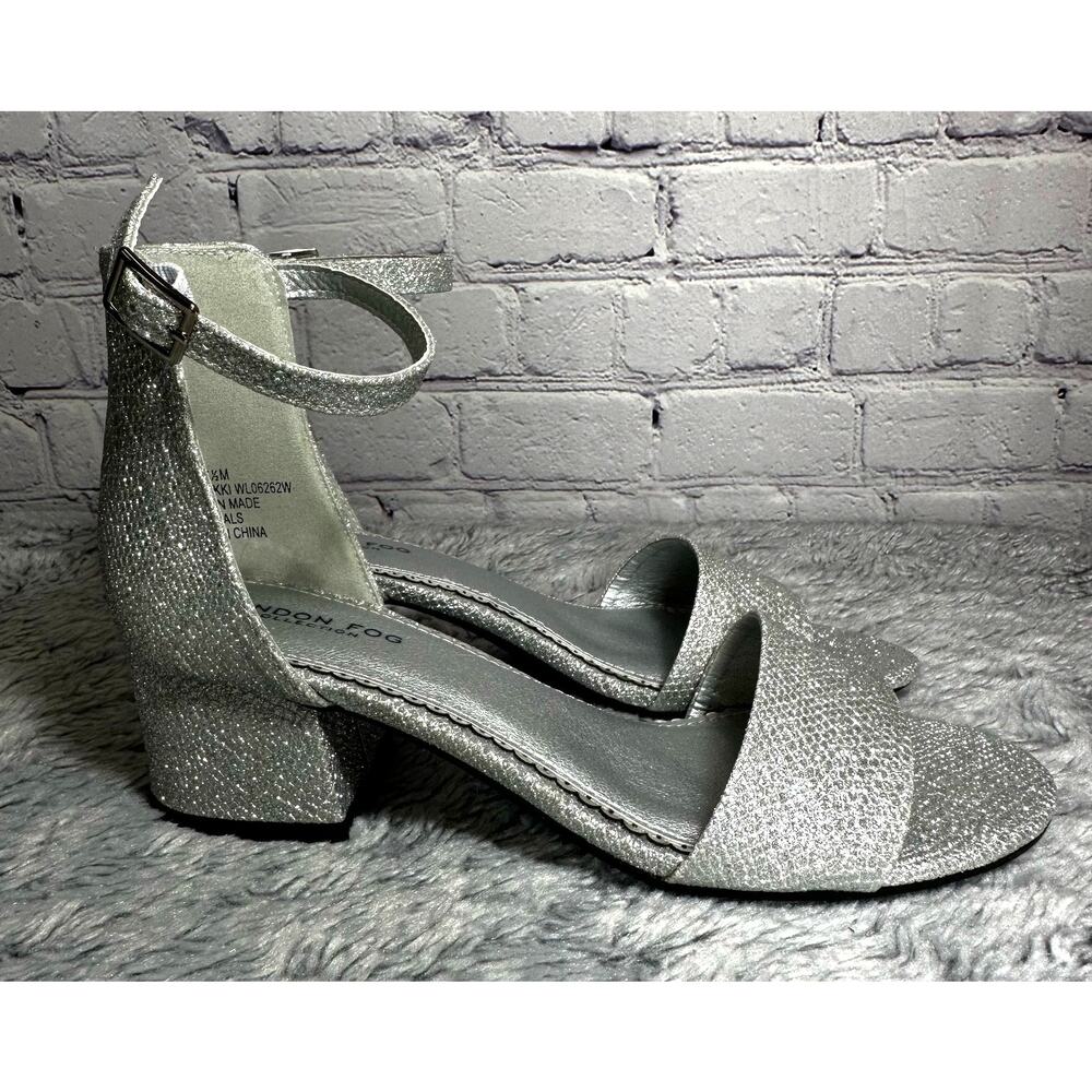 London Fog Nikki Silver Glitter Ankle Strap Block Heels 6.5M Bling Pumps Wedding - Picture 2 of 9